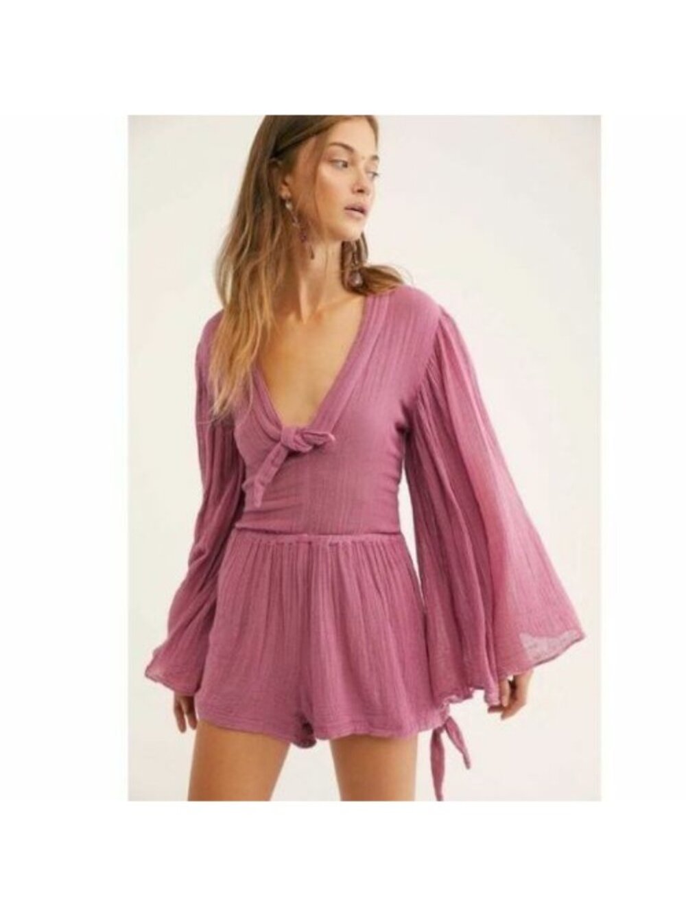 Free People Bell Sleeve Cream Romper Playsuit S| Boho Coastal Cowgirl Whimsigoth - Picture 2 of 16